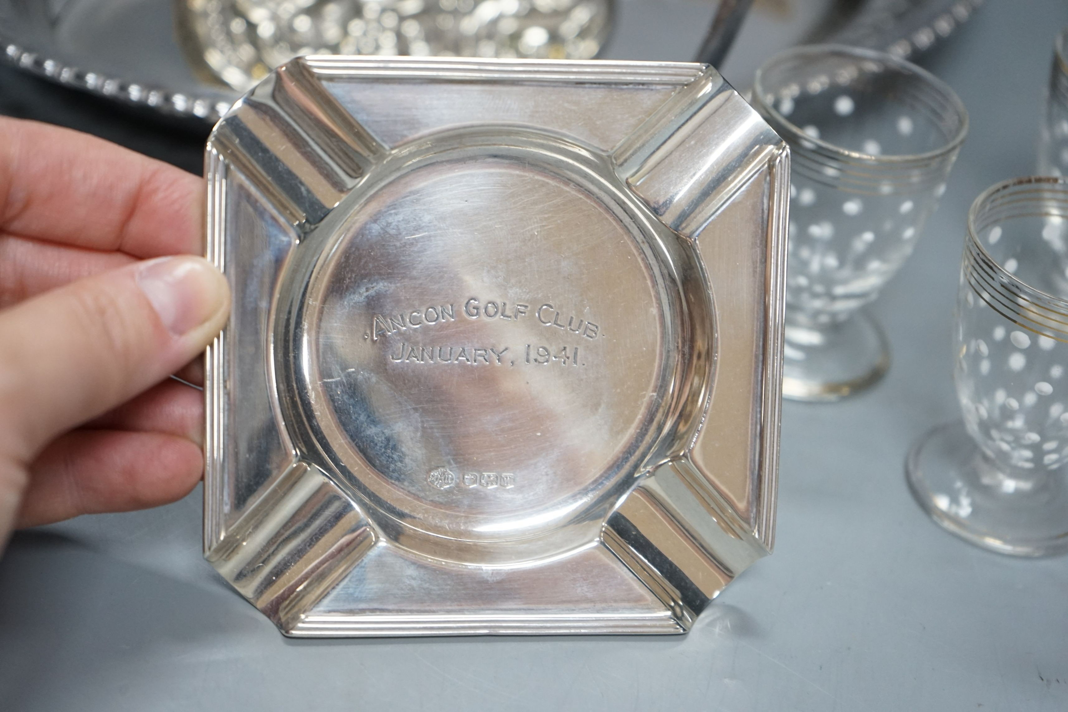 A silver-mounted Victorian thermometer, silver ashtray, plated basket stand, a small enamelled decanter and 4 matching glasses, thermometer 17.5cms high